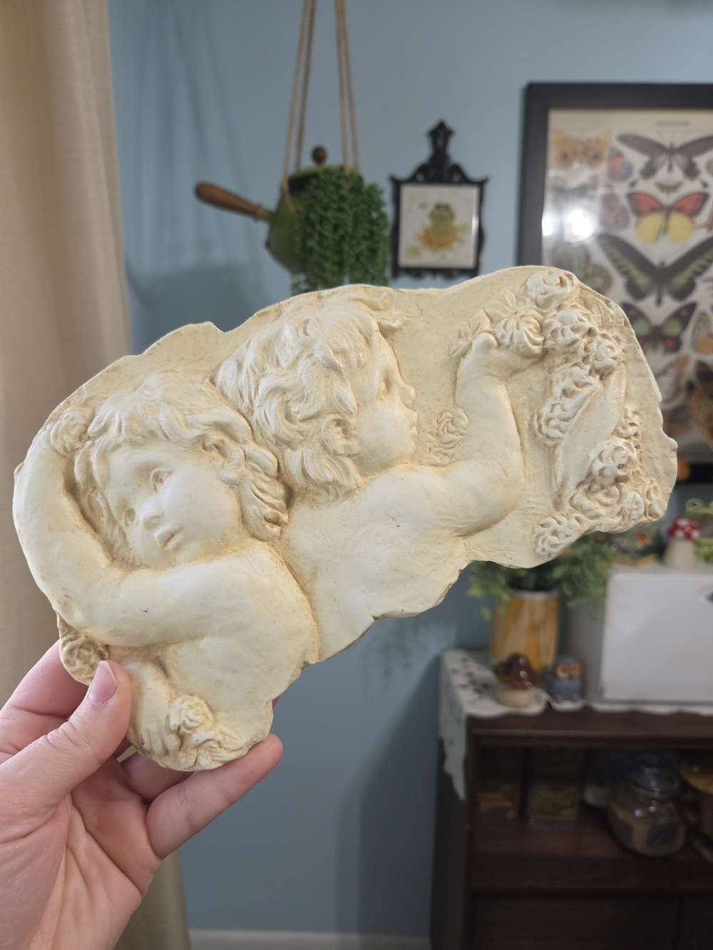 Vintage 90s Faux Stone Cherub Putti Wall Hanging Relief Sculpture Garden Decor